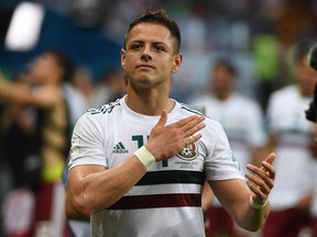 Mexico's forward Javier Hernandez applauds the crowd after the final whistle during the Russia 2018 World Cup Group F football match between South Korea and Mexico at the Rostov Arena in Rostov-On-Don on June 23, 2018.