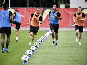 Belgium's team players take part in a training session of Belgium's national soccer team in Dedovsk outside Moscow on Tuesday, ahead of the World Cup Group G match on Thursday between England and Belgium.