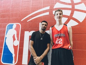 Young star and childhood phenom: Denver Nuggets guard Jamal Murray (left, who requested the photo), who made the NBA’s All-Rookie second team in 2016-17, with 12-year-old, 6-foot-10 centre Olivier Rioux who, needless to say, has no trouble dunking the ball in school games.