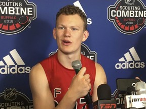 Boston University forward Brady Tkachuk meets with reporters after participating in the testing portion of the NHL pre-draft scouting combine in Buffalo, N.Y., on Saturday, June 2, 2018.