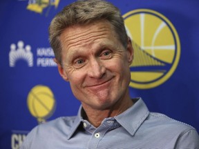 Golden State Warriors coach Steve Kerr smiles during a news conference Monday, June 11, 2018, in Oakland, Calif.