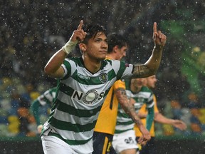 Sporting forward Fredy Montero celebrates after scoring a goal during the UEFA Europa League quarter-final second leg football match between Sporting CP and Club Atletico de Madrid at the Jose Alvalade stadium in Lisbon on April 12, 2018.