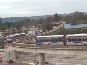 Skytrains waiting for their turn to pull into Lougheed Station.