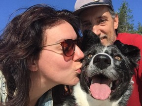 Hazel Hollingdale and Darren Claydon with Maybe, a three-year-old Australian shepherd that vanished on Savary Island on Feb. 3, 2017.