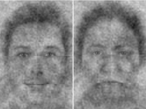 Left-right: A composite of smiling God's face as chosen by the 511 American Christians surveyed by study researchers wth the 'anti-face' frowning God, rejected by participants.