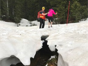 North Shore Rescue volunteers had to help a hiker off Dog Mountain on Saturday who they say was woefully underprepared for the conditions. Many trails are still covered in snow but people are setting out to hike them in nothing but running shoes and light workout clothes. [PNG Merlin Archive]