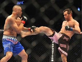 Rich Franklin takes a kick at Chuck Liddell during their light-heavyweight bout in the main event of UFC 115 at what was then GM Place in Vancouver on June 12, 2010. Franklin KO’d Liddell four minutes and 55 seconds into the first round.