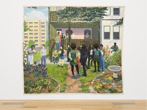 Garden Party, acrylic on canvas, acrylic on canvas by Kerry James Marshall, installation view in the exhibition Kerry James Marshall: Collected Works at the Rennie Museum, Saturday, June 9 to Saturday, Nov. 3, 2018. Courtesy Rennie Museum. Photo: Blaine Campbell.