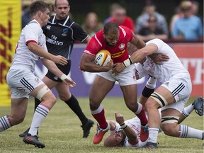 Team Canada's Kainoa Lloyd carries the ball aginst Team USA in an international rugby test match at the Wanderers Grounds in Halifax on Saturday, June 23, 2018. USA won 42-17.