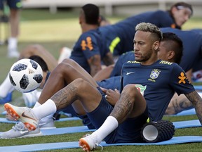 Brazil's Neymar and teammates attend a Friday training session in Sochi, Russia. Brazil will face Mexico on Monday, July 2 in soccer's Round of 16 at the FIFA World Cup.