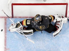 Vegas Golden Knights goalie Marc-Andre Fleury gives up a goal to Washington Capitals left-winger Alex Ovechkin during Game 2 of the Stanley Cup Final on May 30 in Las Vegas.