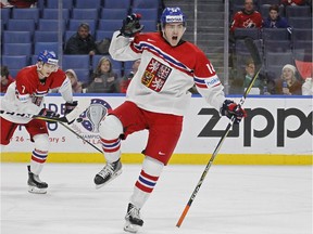 Filip Zadina celebrates a goal for the Czech Republic against Canada during a world junior game at Buffalo in January.