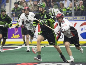 Saskatchewan Rush defender Brett Mydske moves the ball during a game at the SaskTel Centre in Saskatoon on March 3.