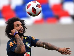 Brazil's defender Marcelo eyes a ball during a Wednesday training session at Yug Sport Stadium in Sochi. Brazil faces Belgium on Friday in one of the FIFA World Cup quarter-finals.