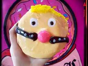 A doughnut made by Vandal Doughnuts in Halifax, depicting U.S. President Donald Trump is seen in this undated handout photo. U.S. President Donald Trump, or at least a culinary version of him, may be rendered speechless after a Halifax, N.S.-based doughnut shop released a new creation to celebrate Pride Week. Vandal Doughnuts recently came out with a sticky-sweet treat depicting the controversial politician donning a bright pink ball gag, a bondage tool used in sadomasochism and BDSM.