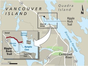 A 57-year-old woman was fatally struck by a falling tree while hiking north of Campbell River on Tuesday.