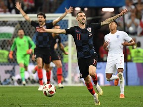 Croatia midfielder Marcelo Brozovic (centre) celebrates at the end of the World Cup semifinal match against England at the Luzhniki Stadium in Moscow on Wednesday, July 11, 2018.