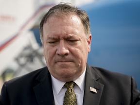 U.S. Secretary of State Mike Pompeo pauses while speaking to members of the media following two days of meetings with Kim Yong Chol, a North Korean senior ruling party official and former intelligence chief, before boarding his plane at Sunan International Airport in Pyongyang, North Korea, Saturday, July 7, 2018.