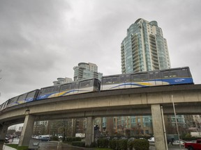 A SkyTrain arrives at Main and Terminal in Vancouver.