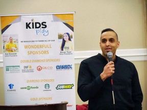 Sumit Ahuja, a lawyer and recovering addict, speaks at an event by Kids Play, the foundation run by Vancouver police officer Kal Dosanjh. Ahuja's society LiveBig is raising money to send people to drug treatment.