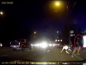 Vancouver police are searching for a suspect who allegedly shoved a man into oncoming traffic in east Vancouver earlier this month. This footage was taken from a dashboard camera that captured the assault.