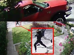 One year later, Surrey RCMP are asking the public to help identify a person and a vehicle that was involved in a shooting on July 9, 2017. Police have identified two people in a surveillance image as well as a vehicle stolen earlier in the day before the shooting.