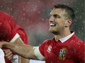 British and Irish Lions captain Sam Warburton prepares to pack down in a scrum during the second rugby test between the Lions and New Zealand's All Blacks in Wellington, New Zealand on July 1, 2017.