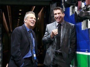 Rick Celebrini, right, has left his position as director of rehabilitation with the Vancouver Canucks to join the Golden State Warriors of the NBA. Celebrini is shown here with Canucks associate physician Dr. Jeff Purkis in 2015.