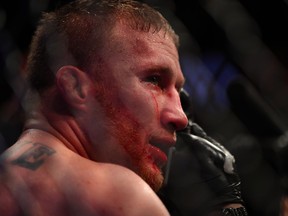 Justin Gaethje looks on during his fight with Eddie Alvarez during UFC 218 at Little Ceasars Arena on December 2, 2018 in Detroit, Michigan.