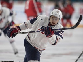 Quinn Hughes of Team USA takes part in the pre-game skate at the Sandman Centre in Kamloops on Tuesday July 31, 2018.