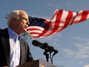 In this photo taken on Nov. 3, 2008, Republican presidential candidate and Arizona Sen. John McCain speaks at a campaign rally at Raymond James Stadium in Tampa, Fla.