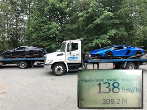 Ridge Meadows RCMP impounded two cars — a Blue 2017 Lamborghini Aventador and a Black 2016 McLaren 675H — that were clocked speeding though Maple Ridge.