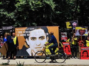 A 2015 protest in support of Raif Badawi outside the Saudi Arabian embassy in Berlin, Germany.