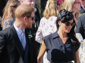 The wedding of Charlie Van Straubenzee and Daisy Jenks at St. Mary the Virgin Church in Frensham Featuring: Meghan Duchess of Sussex, Meghan Markle, Prince Harry, Harry Duke of Sussex Where: Frensham, United Kingdom.