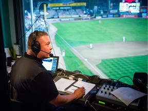 Radio play-by-play announcer Rob Fai works the Canadians' and Tri-City Dust Devils' game at Nat Bailey Stadium in Vancouver on Aug. 15.