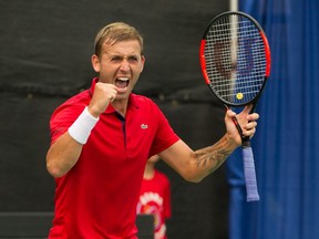 Daniel Evans (celebrates his victory over Jason Kubler in the men's tennis final Sunday at the Odlum Brown VanOpen at Hollyburn Country Club in West Vancouver.