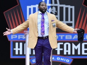 Former Ravens linebacker Ray Lewis delivers his induction speech at the Pro Football Hall of Fame on Saturday, Aug. 4, 2018, in Canton, Ohio.