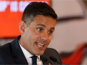 John Herdman, Canada's men's soccer team coach, speaks to the media after receiving a successful United 2026 FIFA World Cup bid at BMO Field in Toronto on June 13.