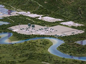 A model at the LNG Canada offices in Kitimat, B.C., shows the proposed liquefied natural gas plant and marine terminal