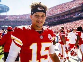 Quarterback Patrick Mahomes of the Kansas City Chiefs is all smiles on the sidelines before the start of the Chiefs’ Sept. 23, 2108 NFL game against the visiting San Francisco 49ers at Arrowhead Stadium in Kansas City, Mo. The Chiefs would go on to win 38-27.