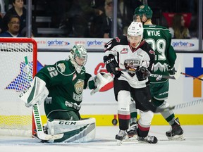 James Malm battles for a puck in front of the Everett Silvertips net Saturday night. The Vancouver Giants won 3-1.