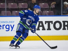 Vancouver Canucks centre Elias Pettersson skates in warmup before a Young Stars game against the Winnipeg Jets' prospects at the South Okanagan Events Centre in Penticton on Friday, Sept. 7, 2018.