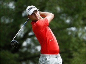 Adam Svensson hits his tee shot on the 11th hole during the final round of the Nashville Golf Open in Nashville, Tenn., on May 27, 2018.