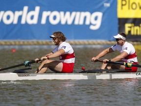 Canada's Kyle Fredrickson, right, and Andrew Todd race in the PR3 Men's Pair event final at the World Rowing Championships in Plovdiv, Bulgaria, Friday, Sept. 14, 2018.
