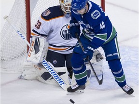 Elias Petterson gets ready to dish the puck in front of Edmonton Oiler goalie Cam Talbot in the first period on Tuesday night.