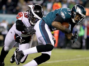 In this Saturday, Jan. 13, 2018, file photo, Philadelphia Eagles' Alshon Jeffery runs during the second half of an NFL divisional playoff football game against the Atlanta Falcons in Philadelphia.