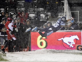 DeVier Posey (85) dives into the end zone for a touchdown against the Calgary Stampeders in the 105th Grey Cup on Nov. 26, 2017, in Ottawa.
