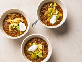 Bowls of Easy Chili, from the cookbook Multicooker Perfection.