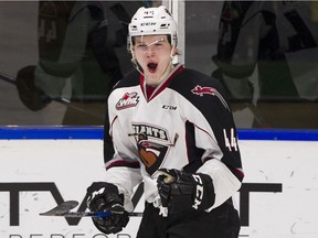 Bowen Byram and his Vancouver Giants teammates will have some of their LANGELY. February 02 2018. Vancouver Giants #44 Bowen Byram celebrates his goal on the Calgary Hitmen in the first period of a regular season WHL hockey game at the LEC, Langley, February 02 2018.  Gerry Kahrmann  /  PNG staff photo)( For Prov / Sun Sports )   00052238A Story by Steve Ewen [PNG Merlin Archive]