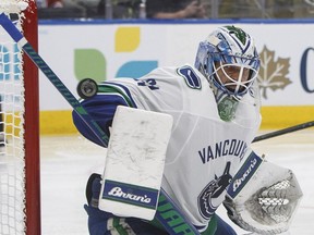 Canucks' goalie Anders Nilsson makes a save against the Edmonton Oilers during pre-season action on Sept. 25, 2018.
